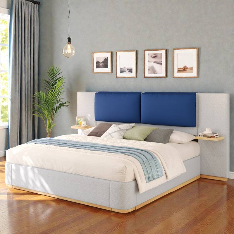 Upholstered Platform Bed Frame with Side Storage Panels, Soft Rounded Corners, Cushioned Headboard & No Box Spring Needed
