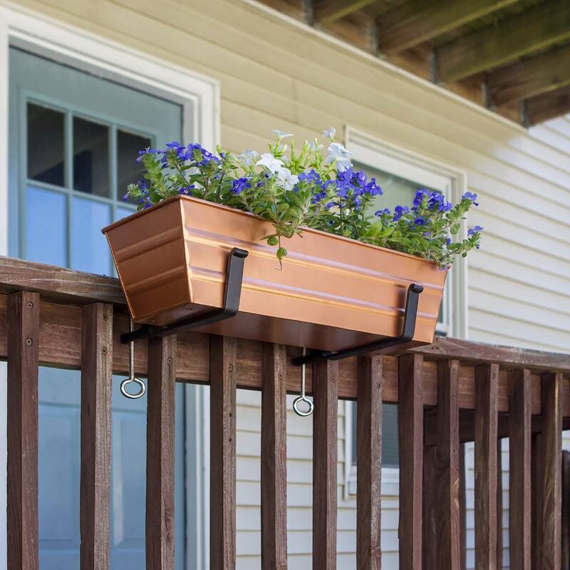 Achla Designs 22" W Rectangle Galvanized Steel Flower Box w/ Black Wrought Iron Clamp-On Brackets, Planter