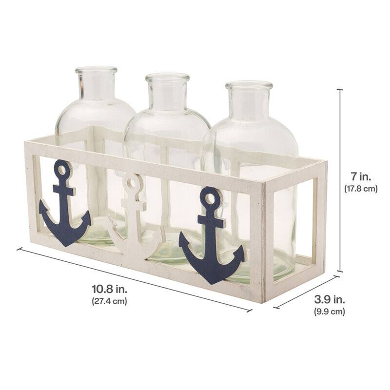 Elements Set of 3 Glass Vases with Nautical Caddy, 11X7 Inch