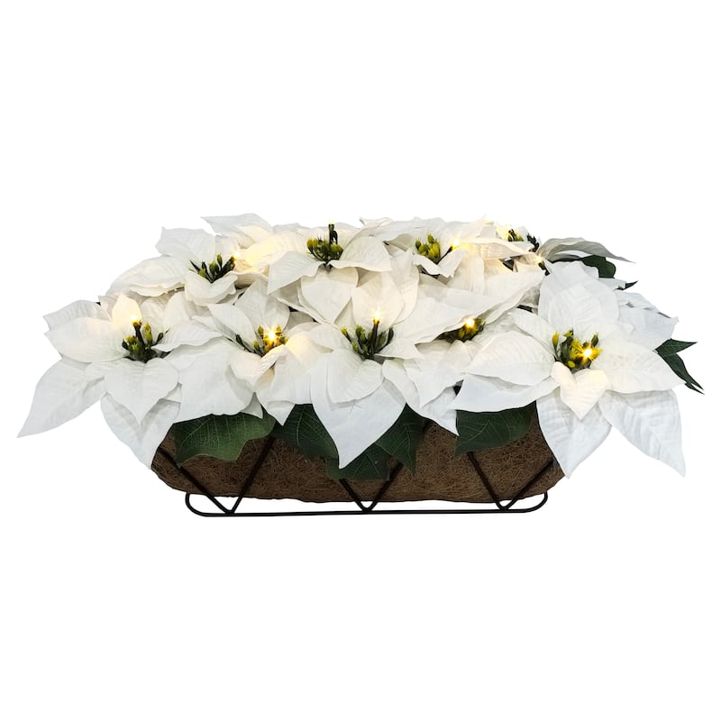 Puleo International 24" Pre-Lit Battery-Operated Artificial White Poinsettia Window Box Décor
