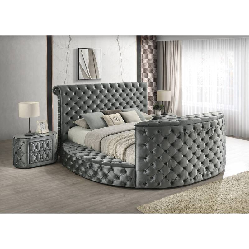 Luxurious Oval Nightstand with Plush Upholstery and Sparkling Knobs for Bedroom - Grey - 2-drawer