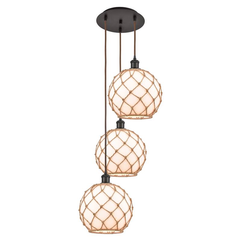 Innovations Lighting Endless Possibilities Ballston - Farmhouse Rope - 3 Light 17" Cord Hung Multi Pendant - White Glass with Brown Rope/Oil Rubbed Bronze