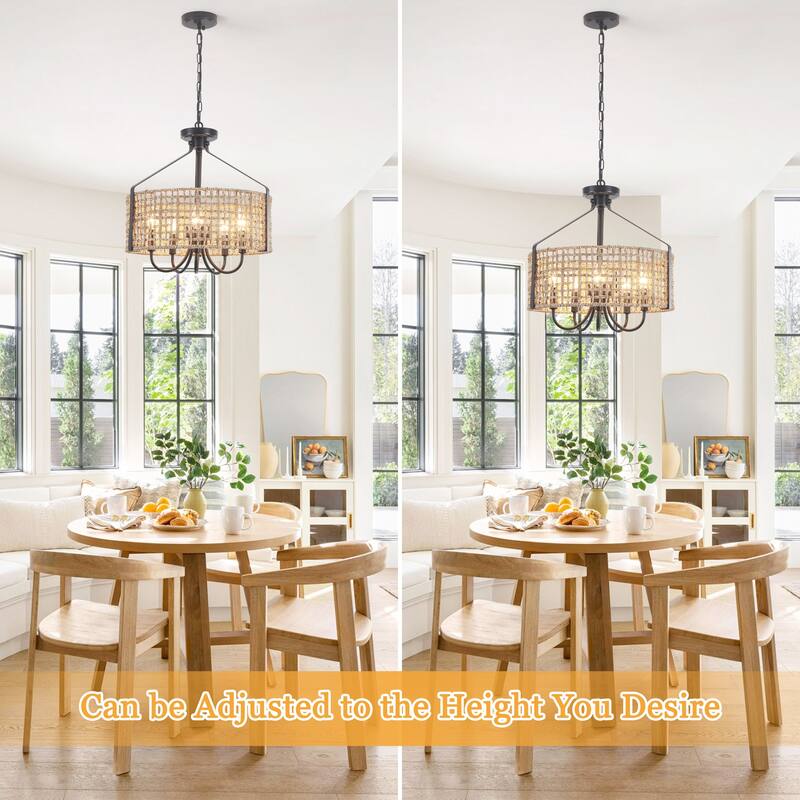 18.35inch 5 Lights Adjustable Height Bohemian Chandelier with Hand Woven Rattan Shade Suitable for Multiple Rooms