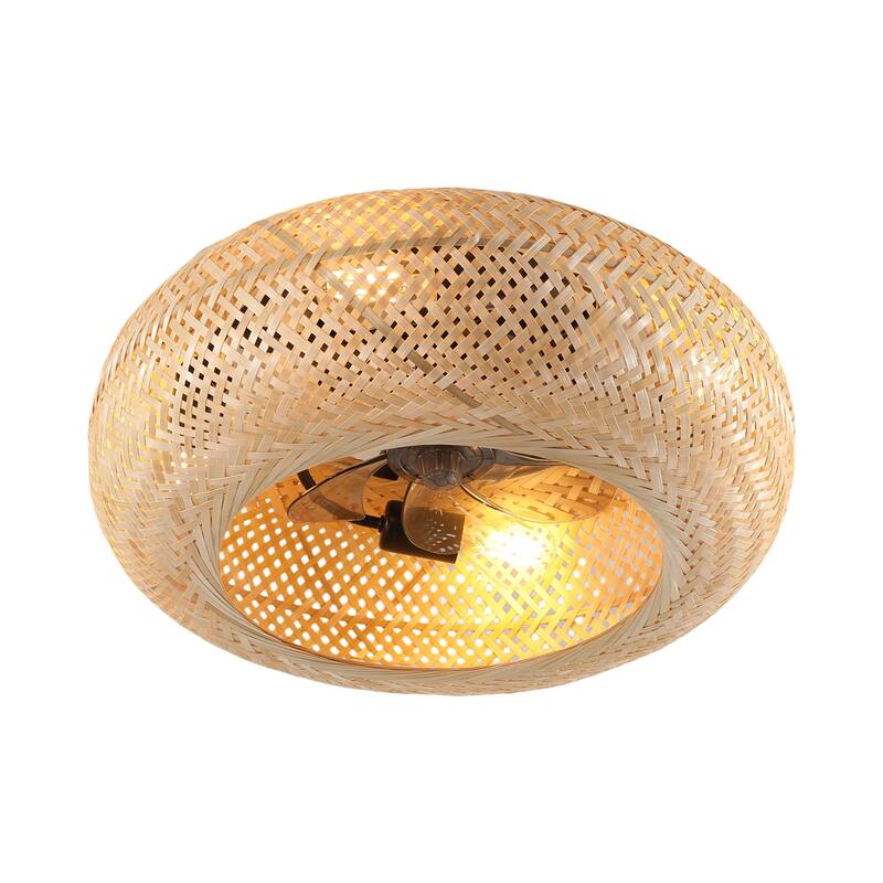 19" Rattan Ceiling Fan with 4 Bulbs, Dimmable, Remote Control,7 Blades, Reversible DC Motor - Yellow Brown - Yellow Brown