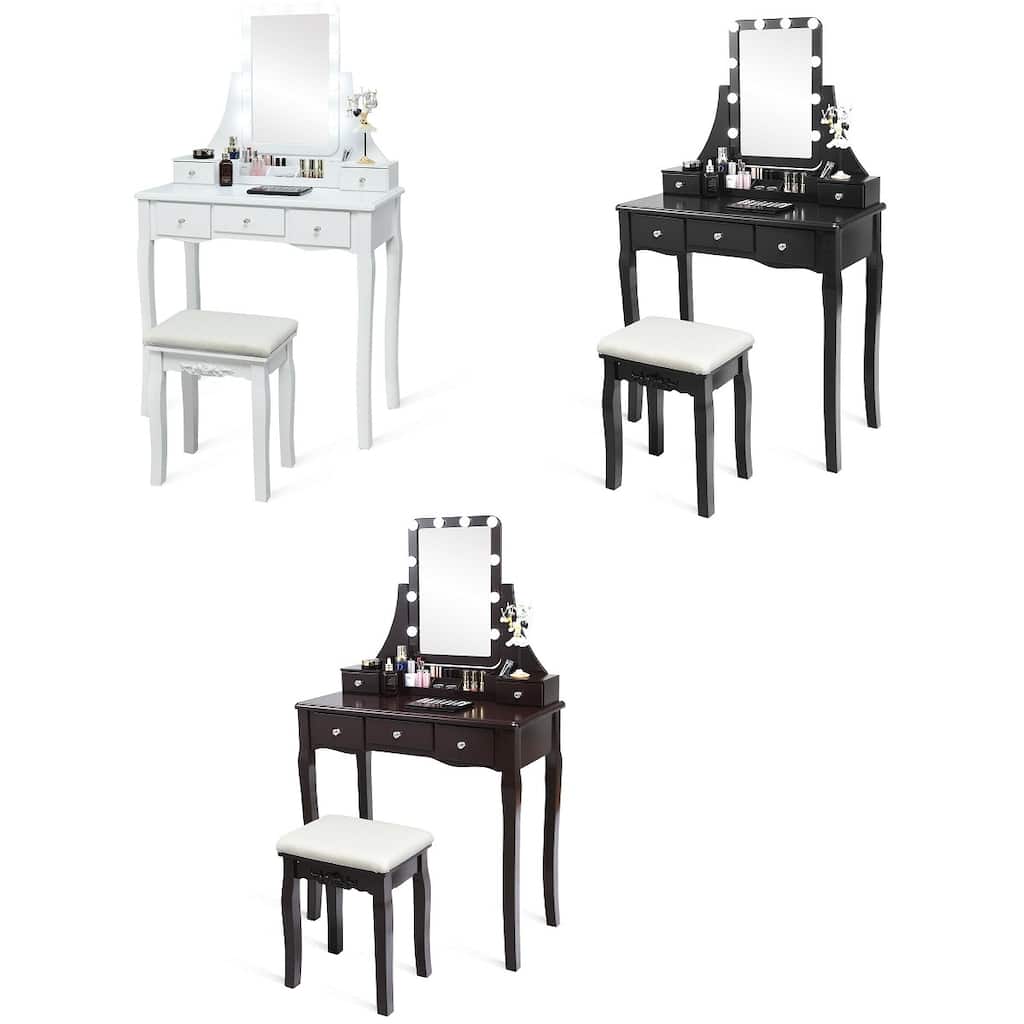 Gymax Vanity Dressing Table Set w/Removable Box &10 Dimmable Bulbs