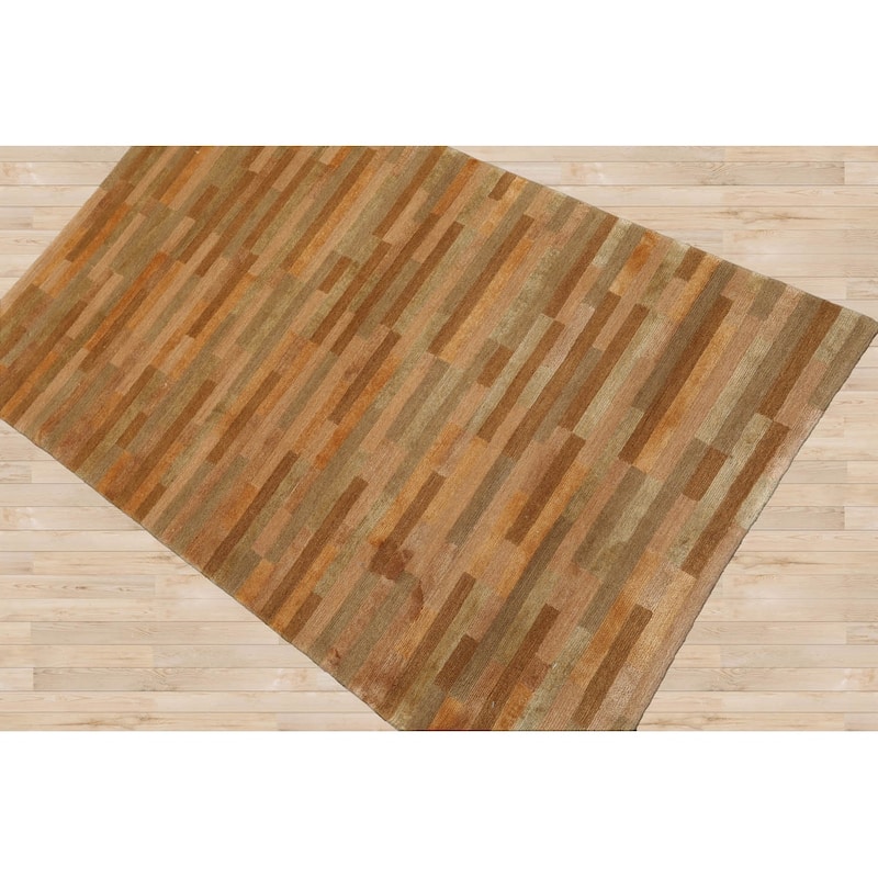 Hand Knotted Stripes Gold Wool & Silk Modern Oriental Area Rug - 3' x 4' 10''