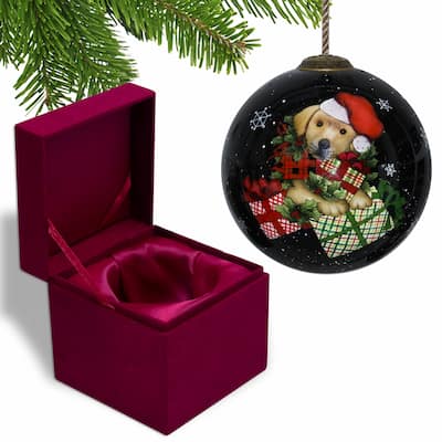 Christmas Puppy with Presents Hand Painted Mouth Blown Glass Ornament - 3"x 3" x 3"