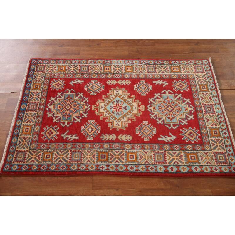 Kazak Oriental Accent Rug Hand-Knotted Geometric Red Wool Carpet - 2'9"x 4'1"