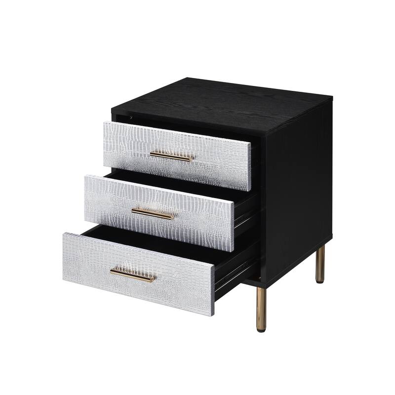 Black Nightstand with Faux Crocodile Print, Gold Metal Legs, and 3 Storage Drawers, 23" Tall, Hollywood Glam Style