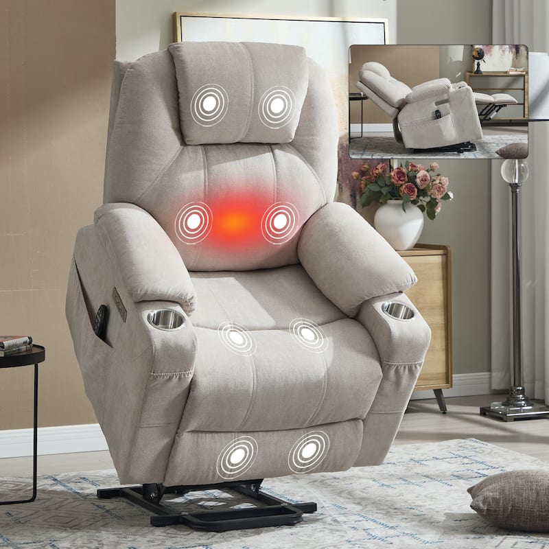 Roomfitters Power Lift Recliner Chair with Heat Massage 350lbs Heavy Duty Electric Sofa USB C Ports Cup Holders - Beige