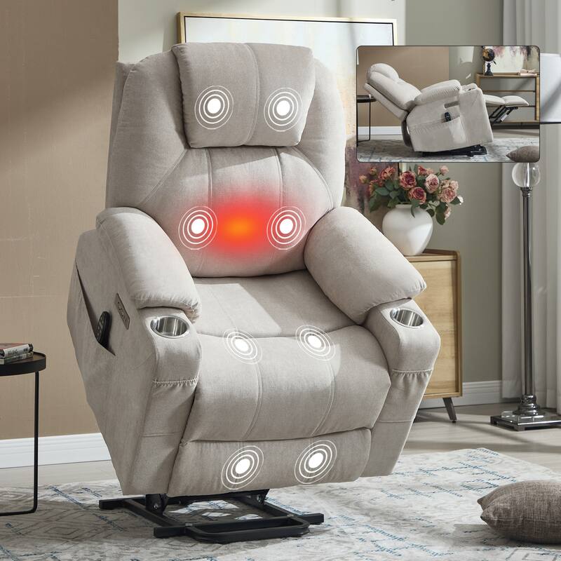 Up to 350 LBS polyester Power Lift Recliner Chair, Heavy Duty Motion Mechanism with 8-Point Vibration Massage - Beige