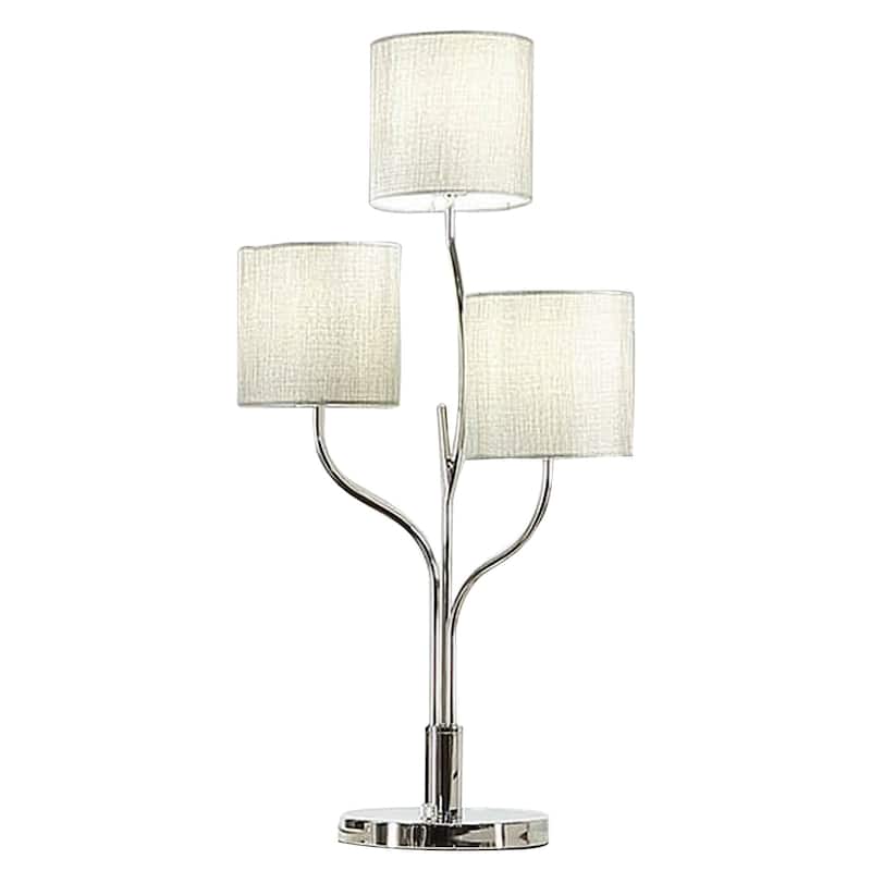Indi 30 Inch Table Lamp, 3 Drum Fabric Shade, Round Metal Base, Silver - Nickel, Silver, White
