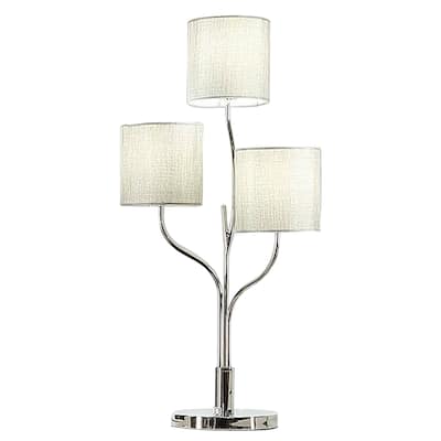 Indi 30 Inch Table Lamp, 3 Drum Fabric Shade, Round Metal Base, Silver