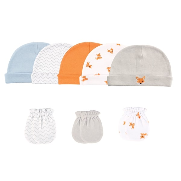 slide 1 of 1, Luvable Friends Baby Boy Cotton Caps and Scratch Mittens 8pk, Fox, 0-6 Months - Fox 0-6 Months - Fox
