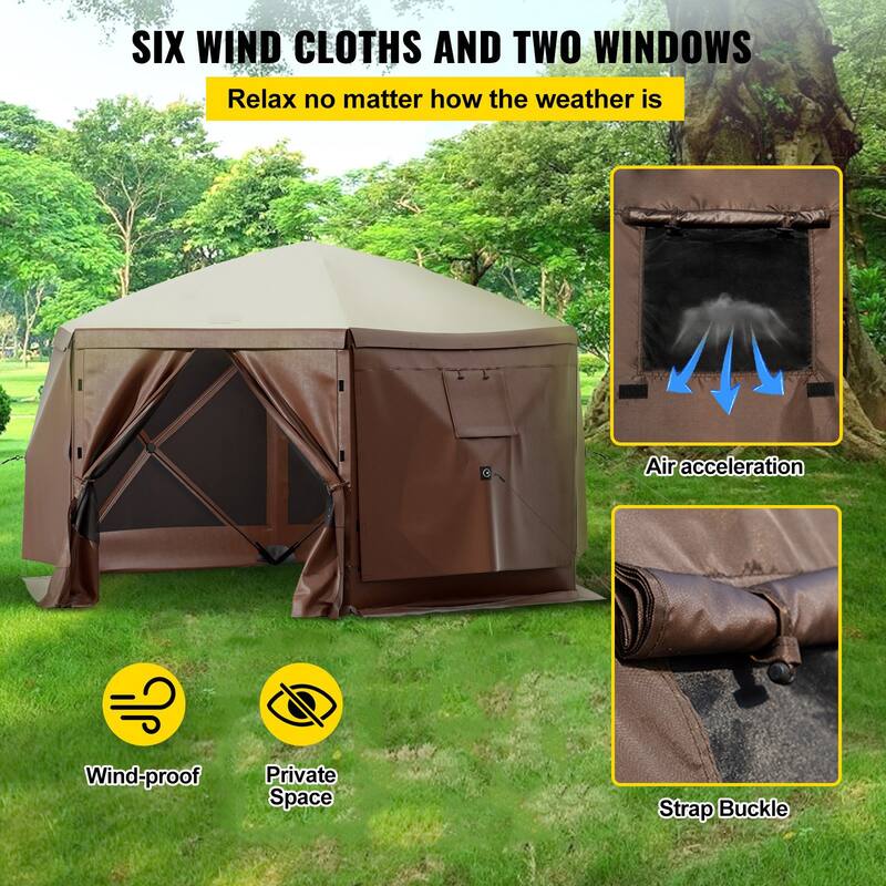 6 Sided Pop-Up Camping Gazebo Screen Tent with Mesh Windows and Portable Carry Bag