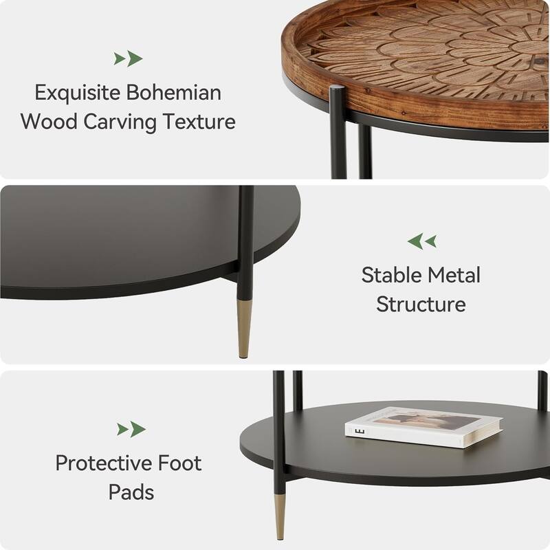 31.5" Solid Wood Coffee Table with Metal Frame & Carved Floral Pattern - 31.49" W x 31.49" D x 19.68" H