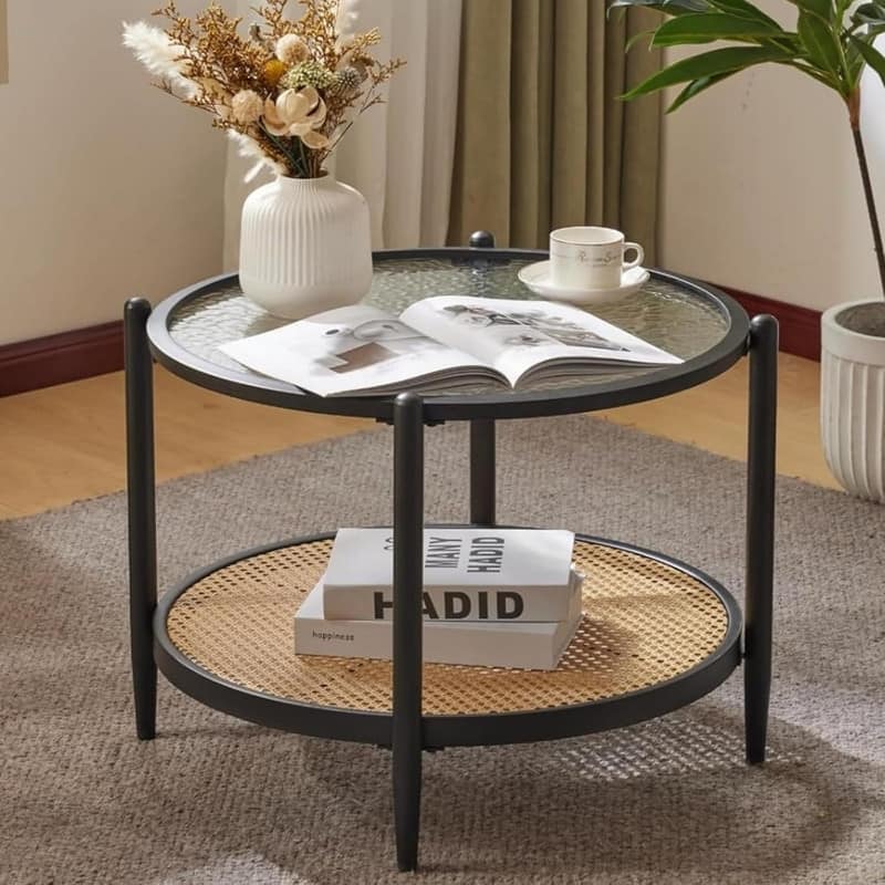 25.59in Double-Layered Circular Rippled Glass + PE Rattan Panel, Black Iron Frame Coffee Table