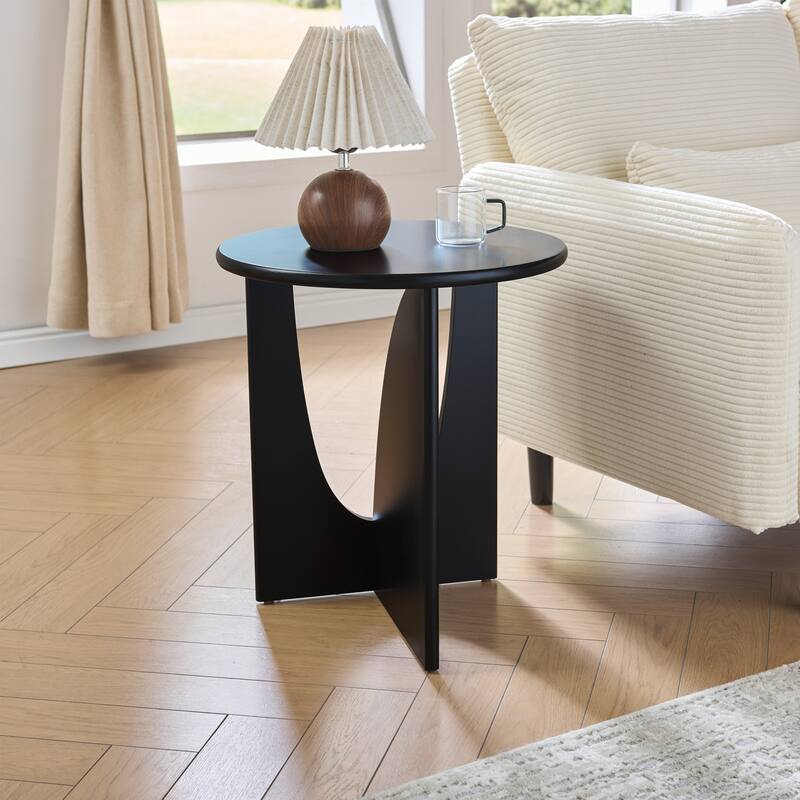 Theo Round Wood Side Table with Sculptural U-Shaped Base - Black