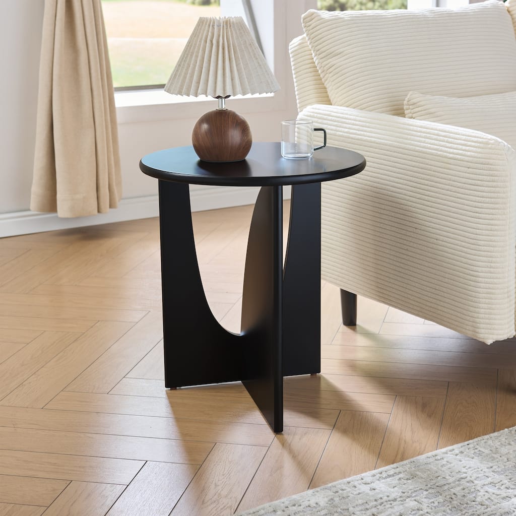 Theo Round Wood Side Table with Sculptural U-Shaped Base
