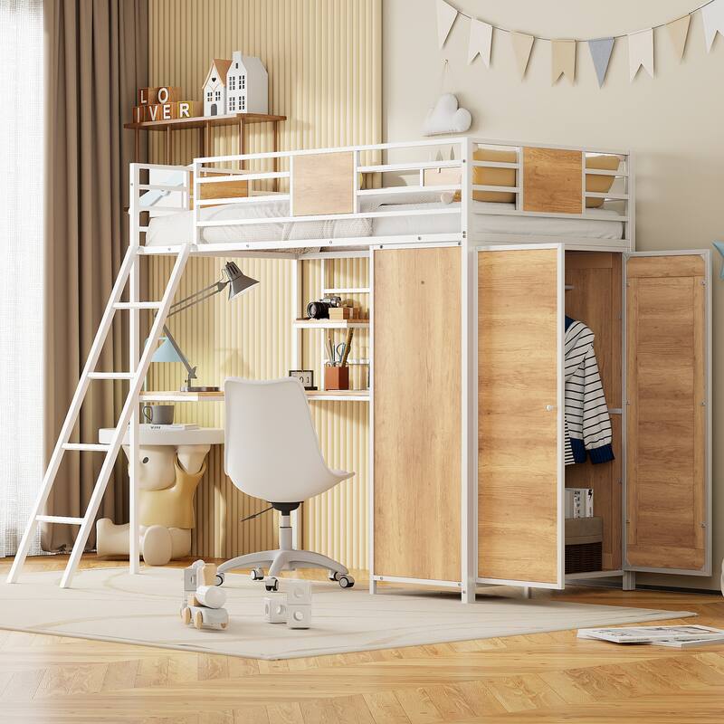 Twin Size Loft Bed with Ladder and L-Shaped Desk, Multifunctional Kids Teens Bed Frame with Storage Shelves and Wardrobe - White