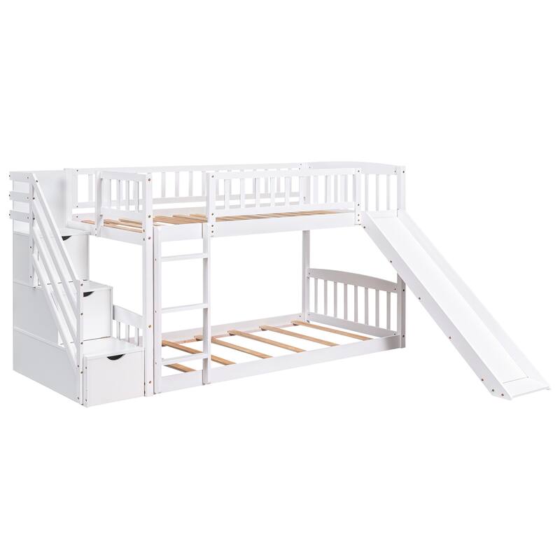 Twin over Twin Bunk Bed with Drawers, Slide and Stairs, White - No Box Spring Needed