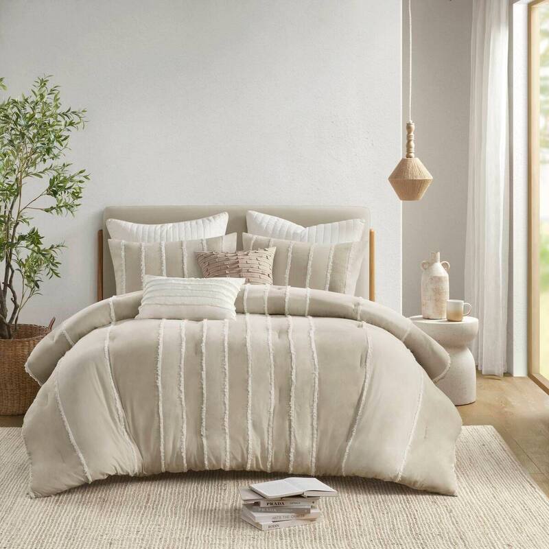 GDF Studio - Marceline Striped Cotton 3-Piece Comforter Set with Clip Jacquard Trim