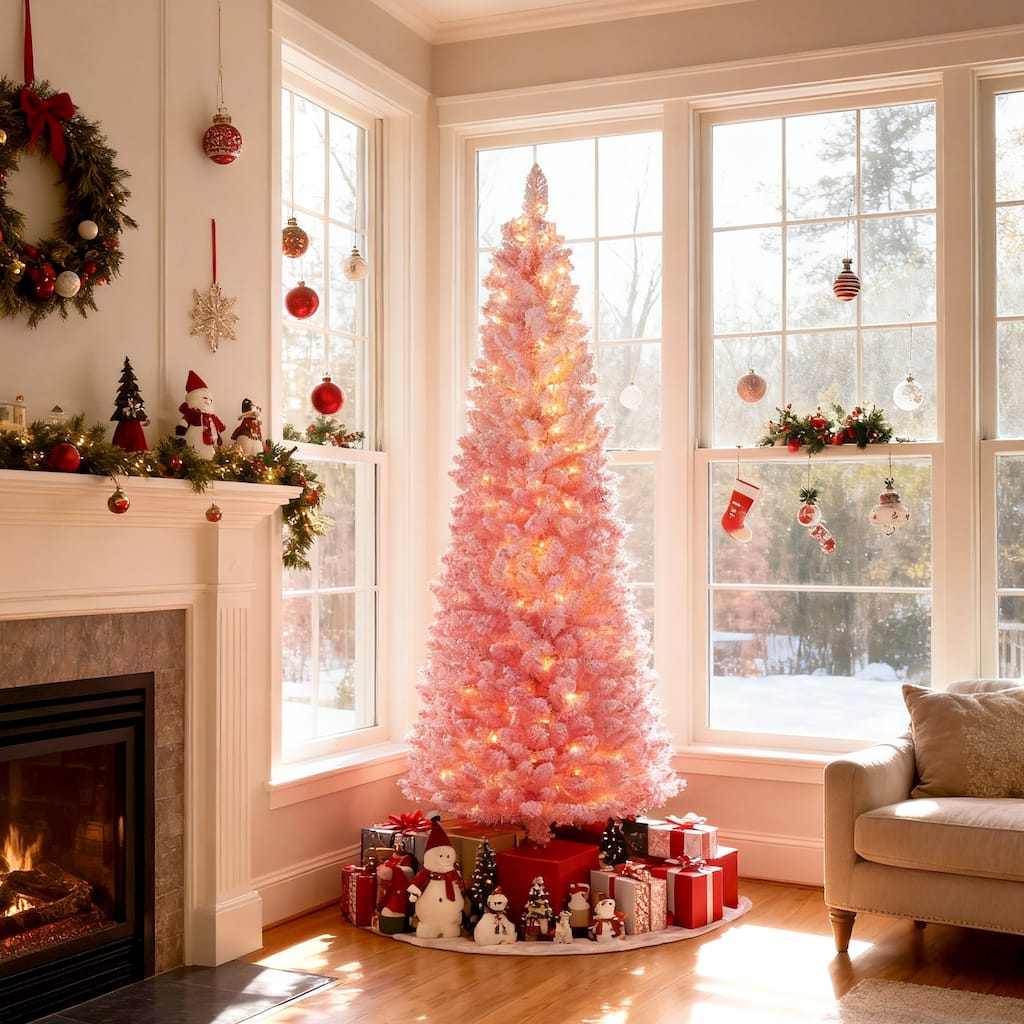 Gymax Pre-Lit Christmas Tree Slim Pencil Xmas Tree w/ Snow Flocked PVC