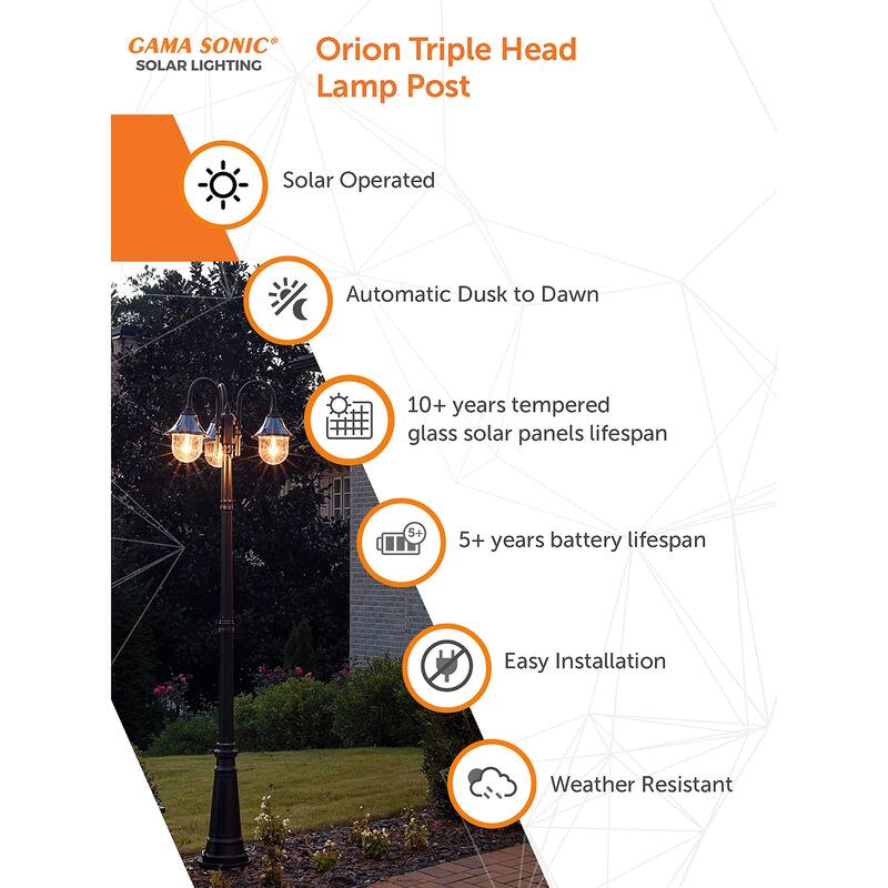 Gama Sonic Orion 3-Light Black Aluminum Modern Solar Lamp Post Light - N/A