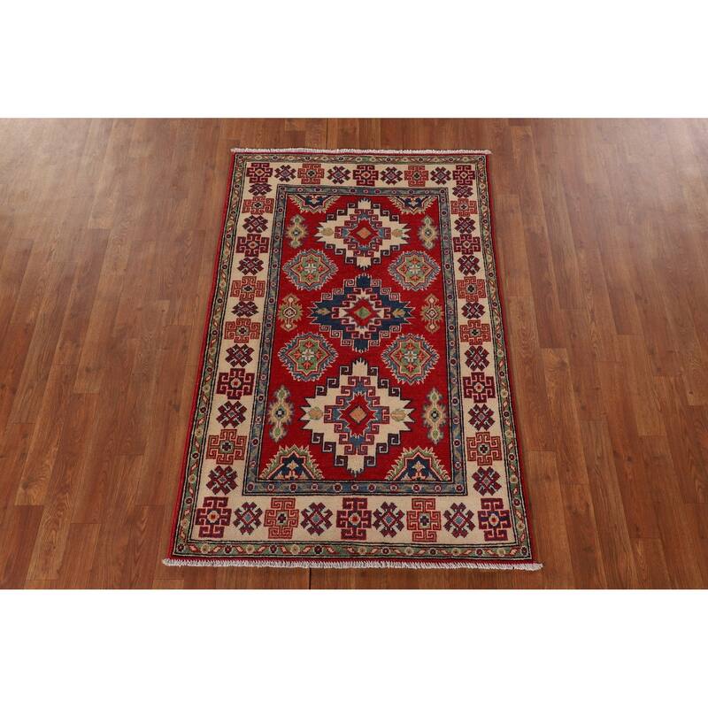 Geometric Kazak Oriental Accent Rug Handmade Red Wool Carpet - 3'3"x 5'0"