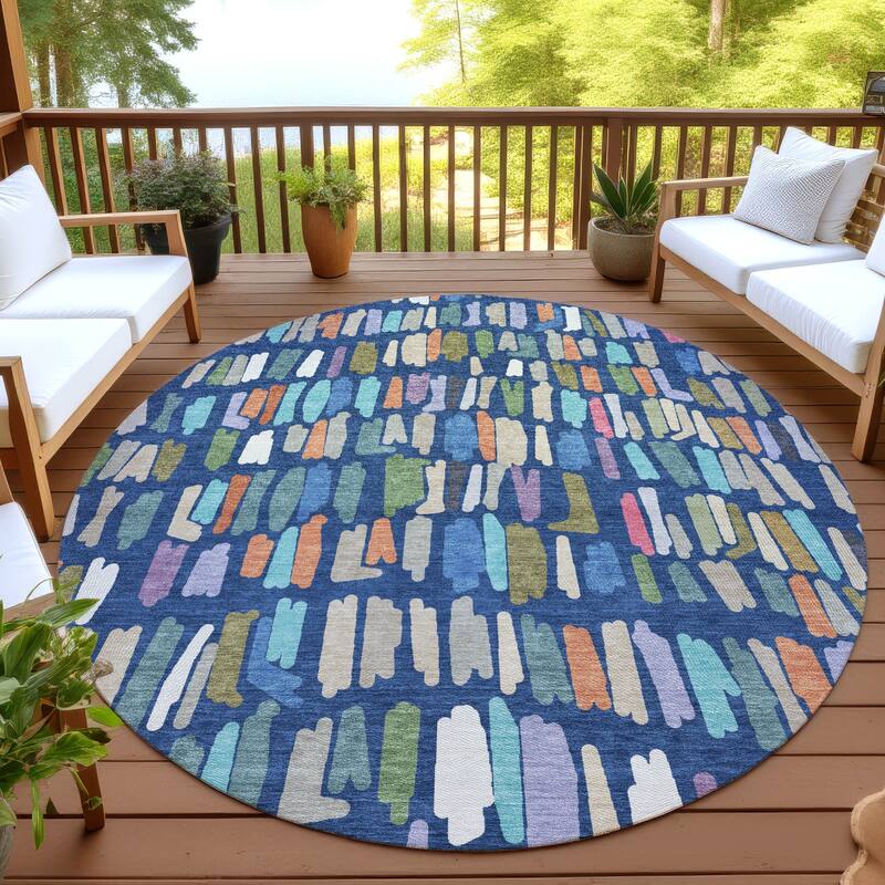 Machine Washable Indoor/ Outdoor Modern Mosaic Chantille Rug - Navy - 8' x 8'