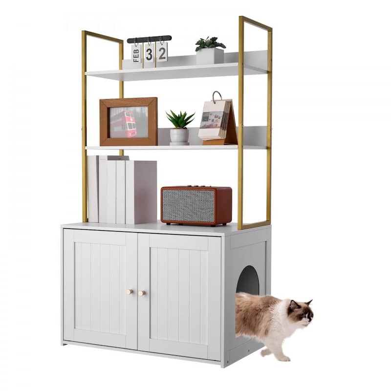 Modern White Cat Litter Box Enclosure with Gold Handles and Dual Door Hidden Cat Cabinet Table - 27.56 x 17.72 x 49.02 in