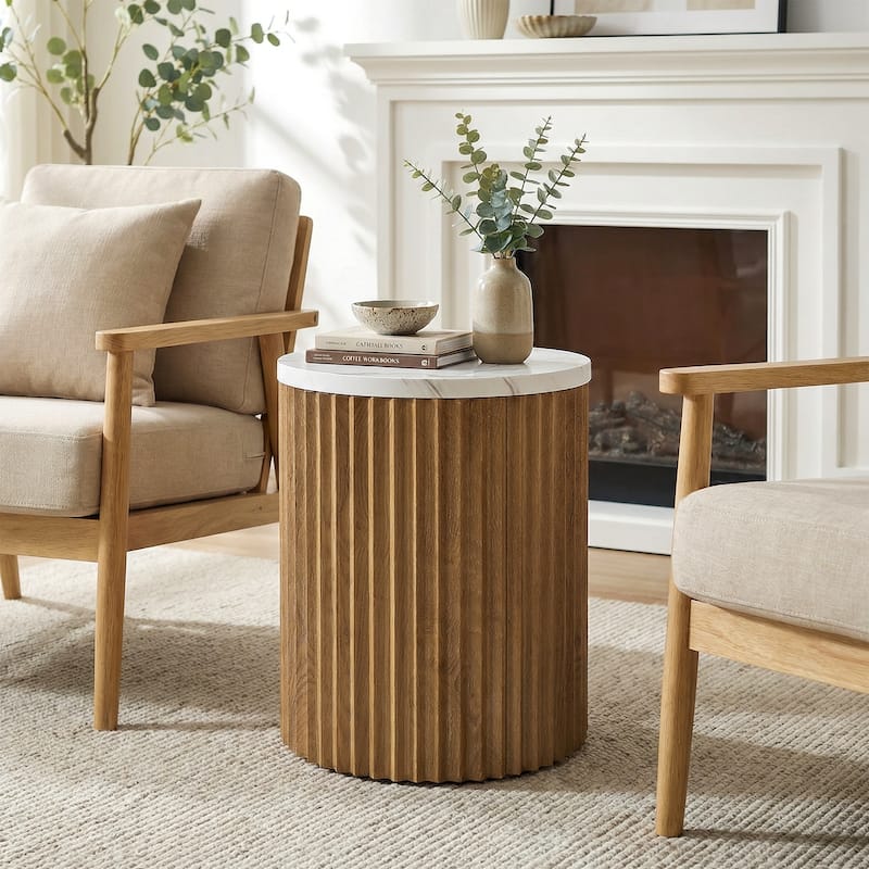 Round Fluted Side Table, Small End Table with Faux Marble Tabletop and Drum Pedestal