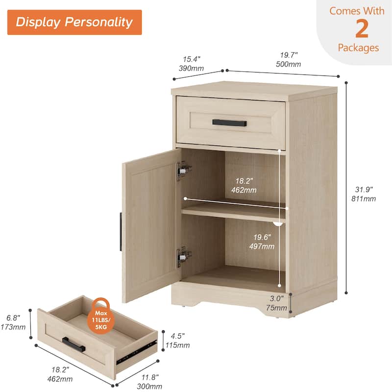 WAMPAT 2 Pack End Table with 1 Drawer & Door for Living Room