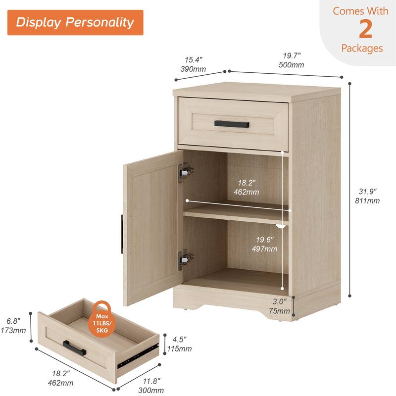 WAMPAT Nightstand with 1 Drawer&1 Door for Bedroom, Living Room