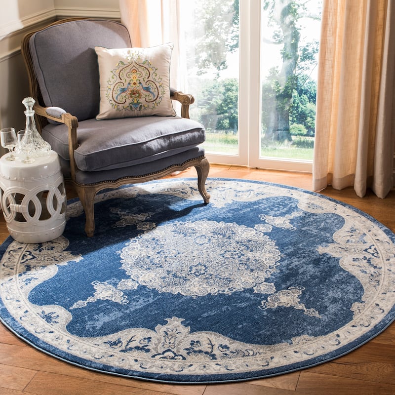 SAFAVIEH Brentwood Coralyne Traditional Oriental Rug - 9' Round - Navy/Light Grey