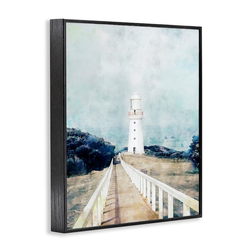 Stupell White Lighthouse Boardwalk Rocky Cliff Coastal Landscape Water Framed Wall Art - Blue