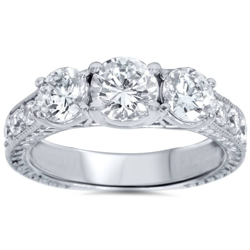 2ct Vintage Three Stone Round Diamond Engagement Ring White Gold
