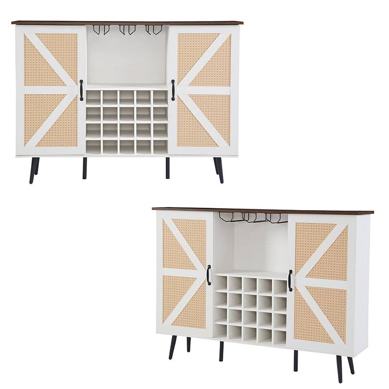 Rattan Wine Bar Cabinet 2-Door Farmhouse Liquor Cabinet with Wine Rack & Glass Holder, Sideboard - 55.11L*12.6W*38.19H