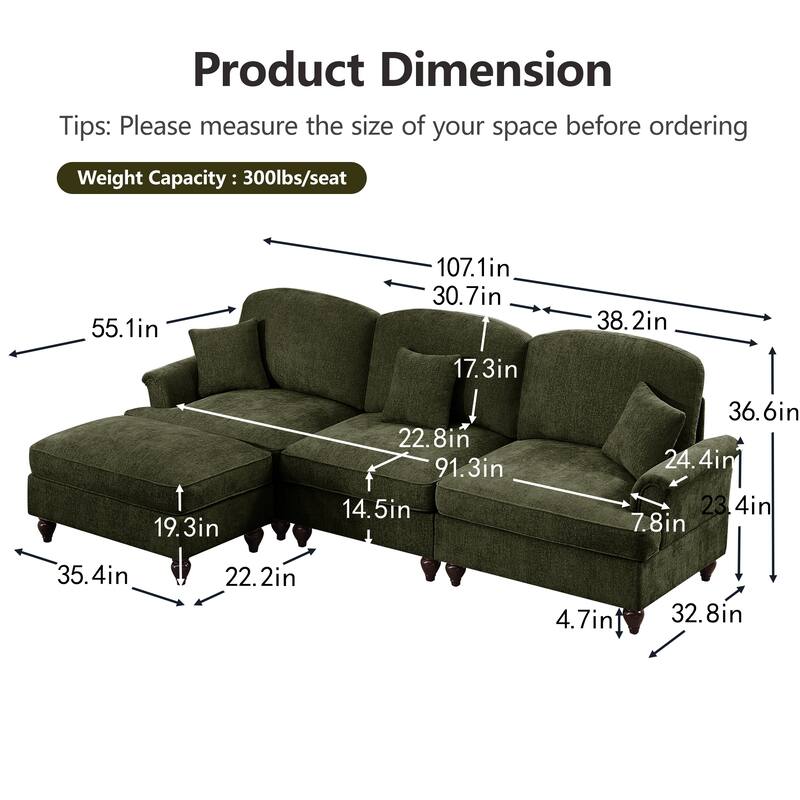 GDFStudio - Mid Century Chenille L-Shaped 3-Seater 107.1" Modular Sectional Sofa with Ottoman