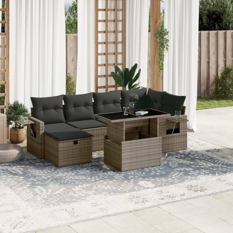 vidaXL Patio Sofa Set with Cushions Outdoor Furniture 7 Piece Poly Rattan - 21.7 x 39.4 x 28.7 in - Grey
