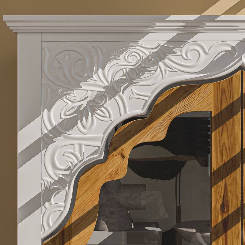 Boho Wood & MDF Display Cabinet with Tempered Glass Doors, Carved Arch Frame & Metal Handle Drawer