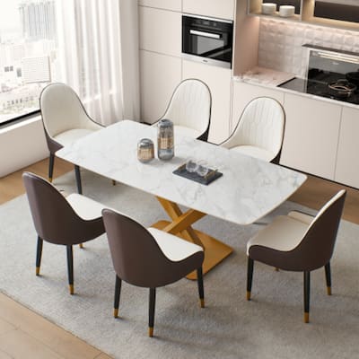 PU Leather Dining Chairs with Solid Wood Metal Legs ( Set of 2 ) - N/A