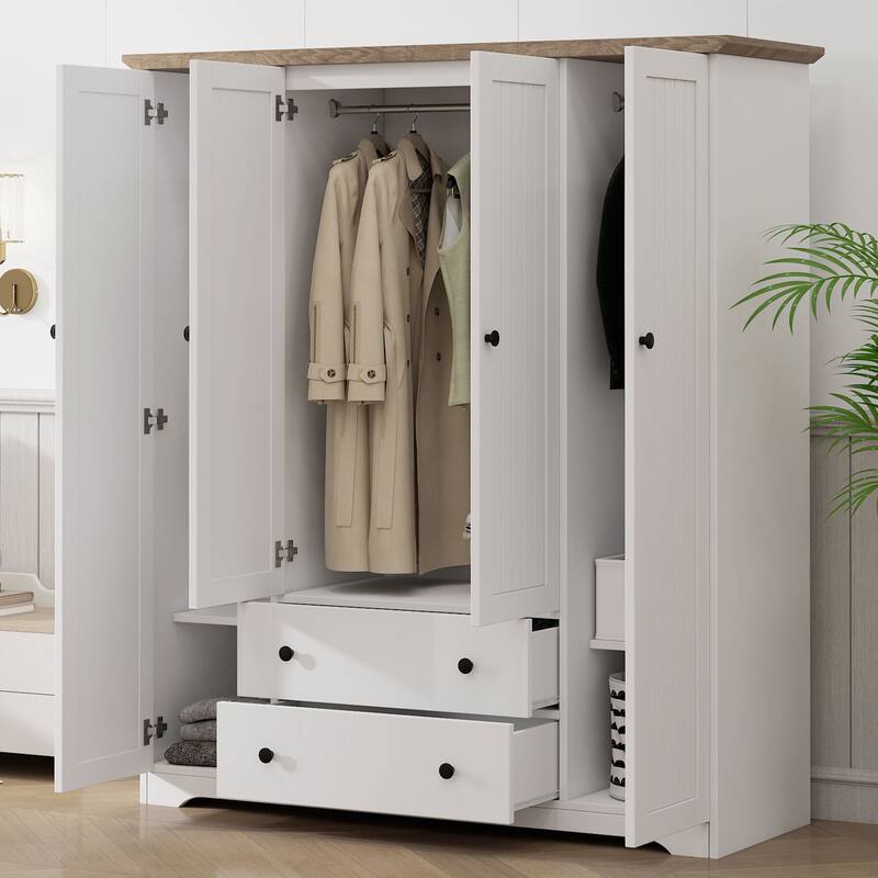 Roomfitters 4-Door Wardrobe Armoire with 2 Drawers and Hanging Rail