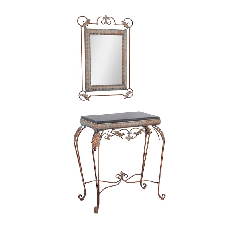 Bronze Metal Leaf Console Table with Mirror with Scrolled Legs (Set of 2) - 23 x 1 x 32