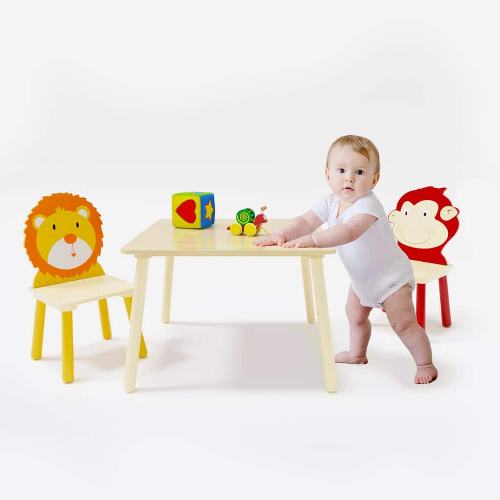 Kids Table and 2 Chairs Set, 3 Pieces Toddler Table and Chair Set, Wooden Activity Play Table Set, Lion and Monkey