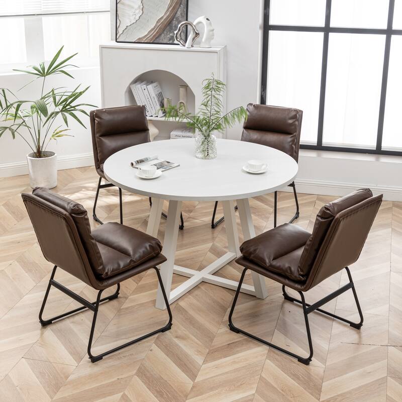 Modern 5-Piece Round Dining Table Set - Faux Leather & Polyester Blend Chairs, Sleek Trestle Base Design - Brown