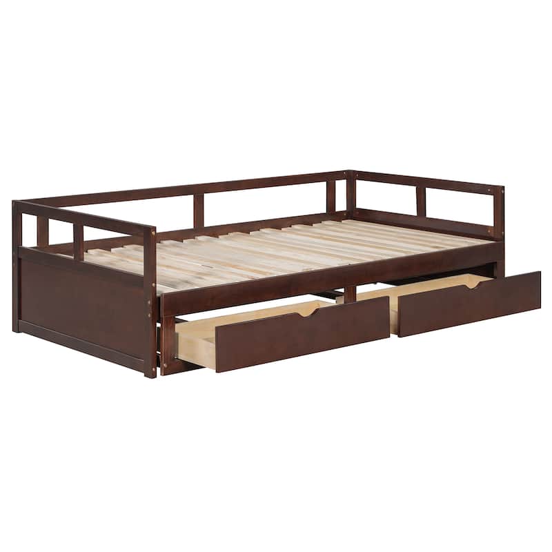 Pine Wood Daybed with Pull-Out Trundle and Two Storage Drawers, Twin to King
