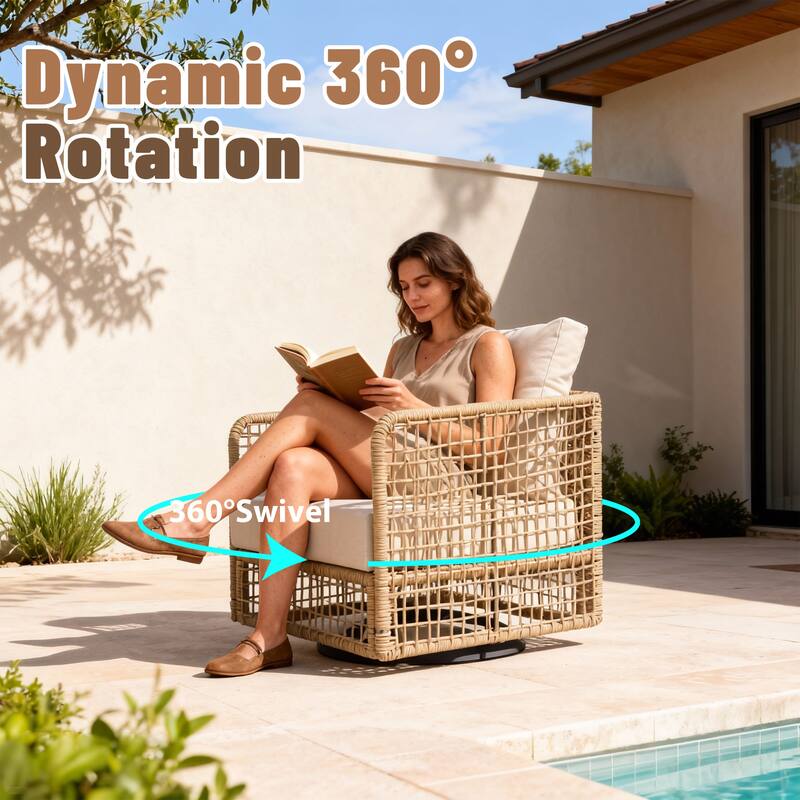 Outdoor PE Wicker 360 Swivel Patio Chairs with Thick Cushions, Weather Resistant Metal Frame for Patio, Balcony, Poolside