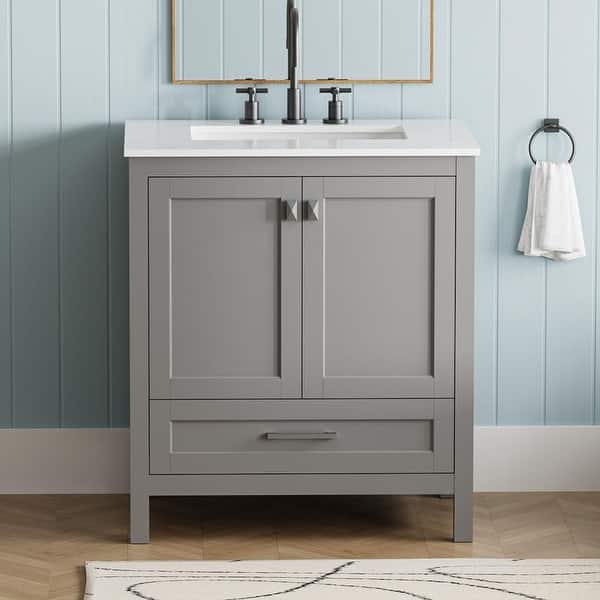 slide 2 of 15, ABRUZZO 30" Freestanding Bathroom Vanity with Carrara Marble Top Solid Wood Frame Soft-Close Doors Undermount Ceramic Sink Grey