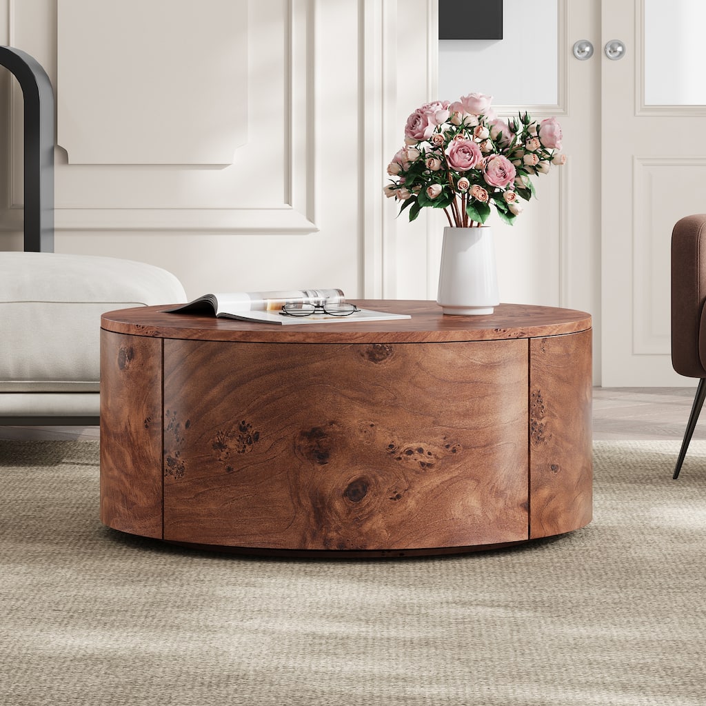 28.4" Burl Wood Rotating Coffee Table with 2 Drawers - 360° Swivel Top in Walnut Finish